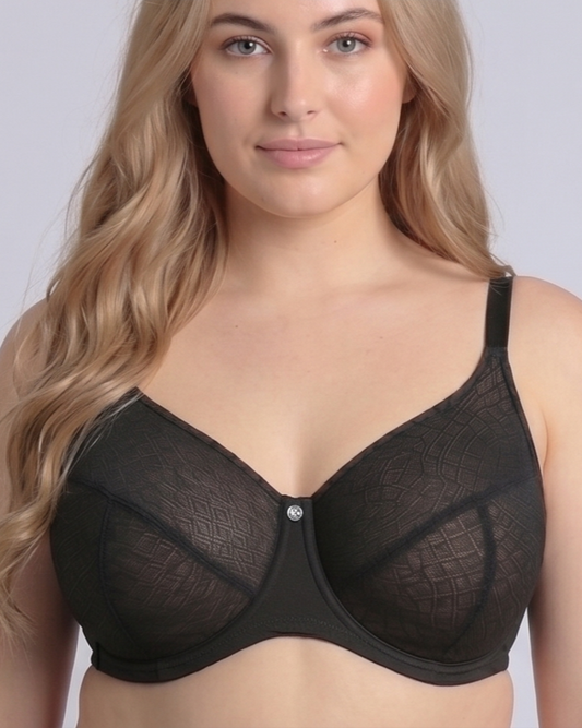 Smiling model with blonde hair in a supportive black underwire lace bra for full busts.
