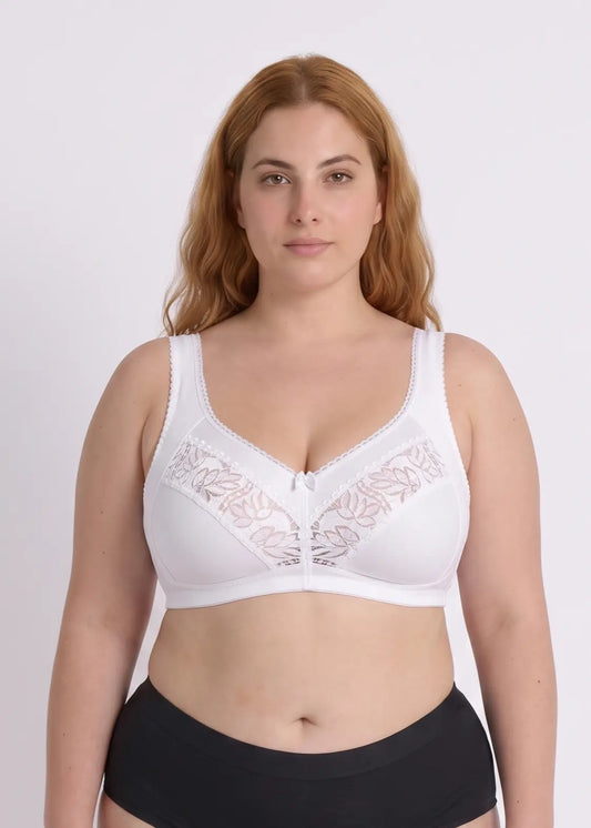 Front view of a model wearing a comfortable white wire-free bra with elegant lace cup detailing, offering full coverage, cotton lining, and excellent support.