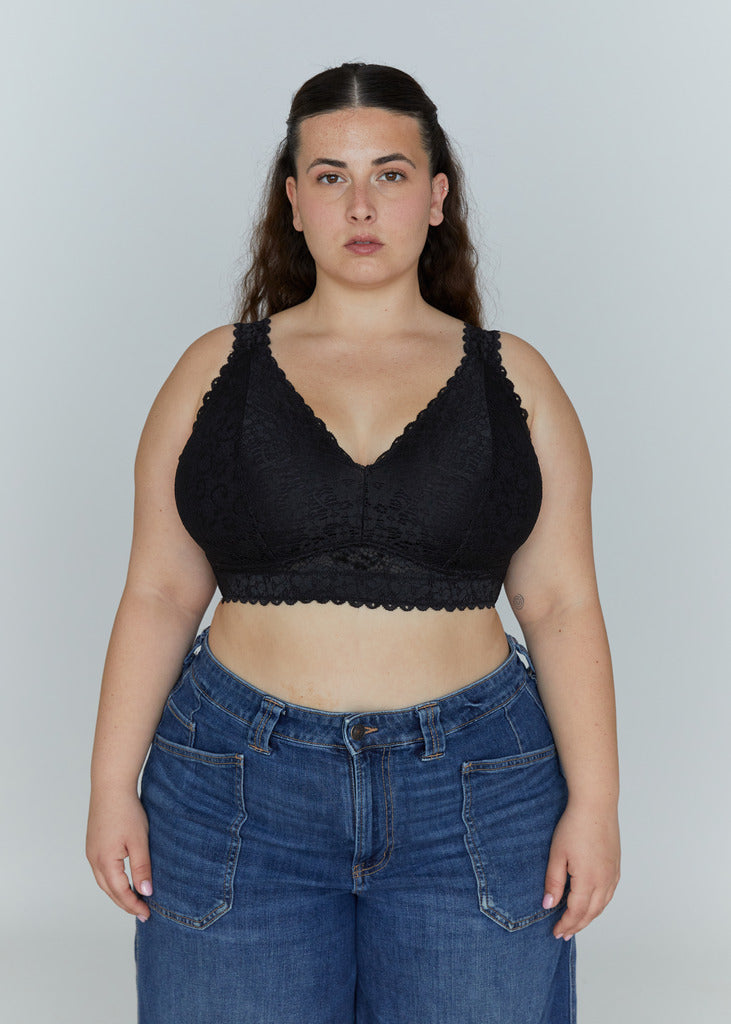 A product page composition with a portrait of the brunette model from image_21.png wearing the Kimi black wire-free lace bra and blue jeans on the left, and a text panel with editor UI and descriptions on the right.