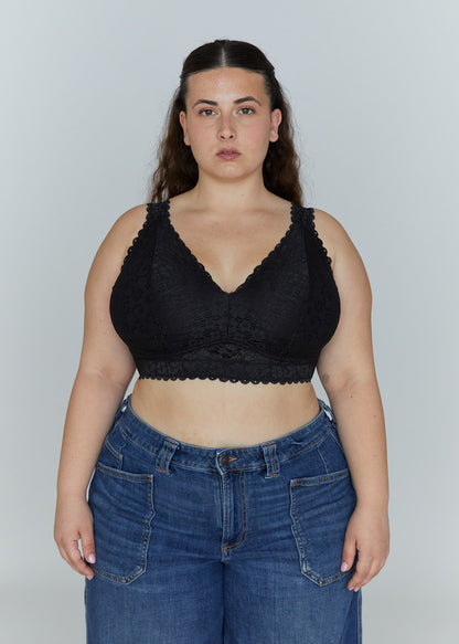 A product page composition with a portrait of the brunette model from image_21.png wearing the Kimi black wire-free lace bra and blue jeans on the left, and a text panel with editor UI and descriptions on the right.