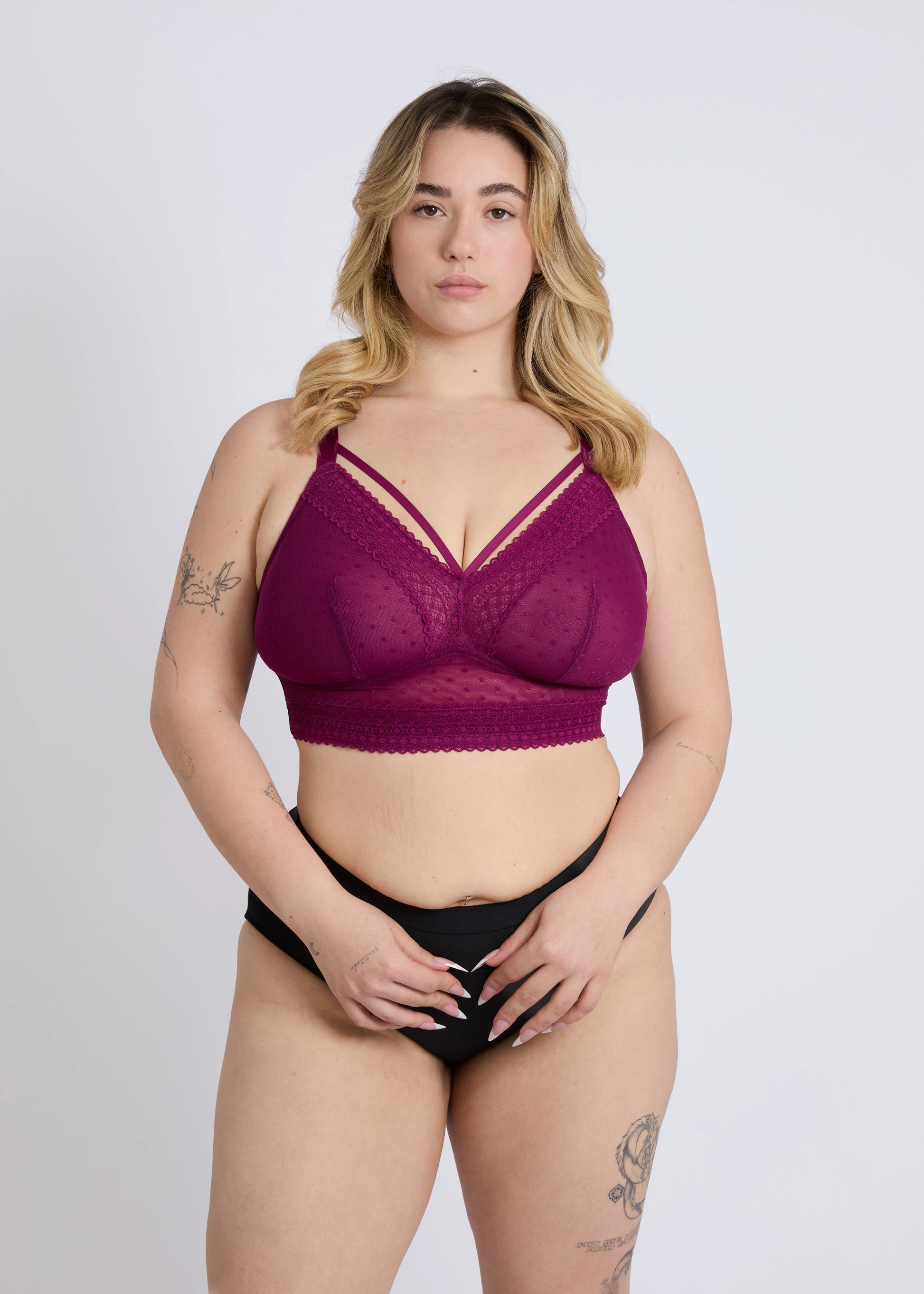 Front view of the Mia purple wire-free lace bra for large breasts, featuring sexy front straps and comfortable support