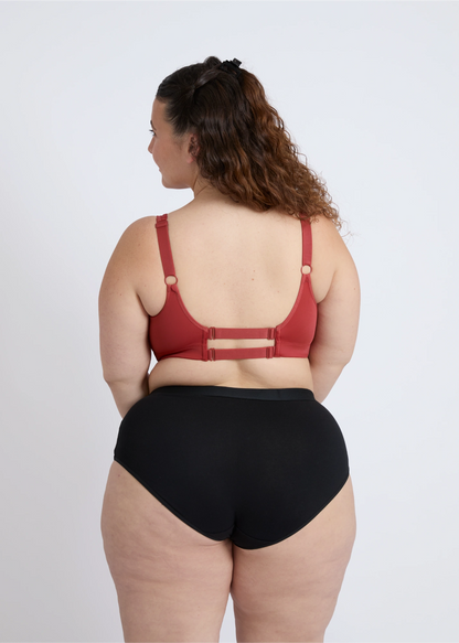 Rear view of the NewG Doni red wire-free bra for large busts, highlighting the adjustable double back strap design and comfortable plus-size fit.