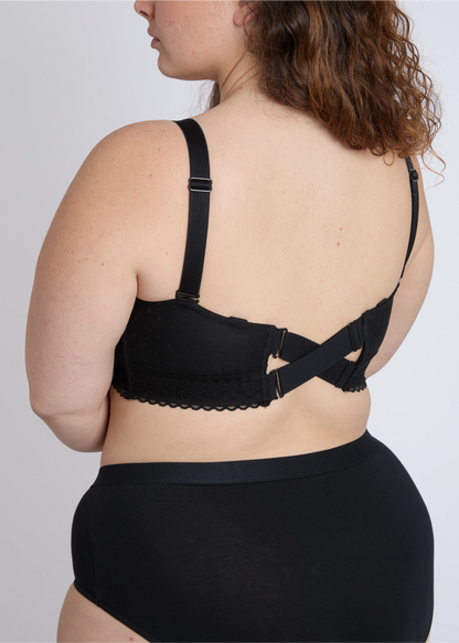 The adjustable criss-cross back design of a black nursing bra for extra large bust support