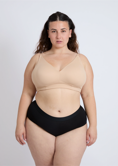 Front view of an open back nursing bra designed for large bust support and