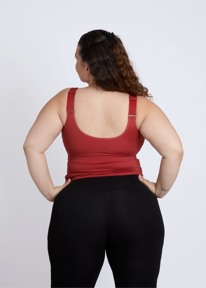 Back view of a supportive tank top for large breasts with a built-in bra showing a smooth and full-coverage back design
