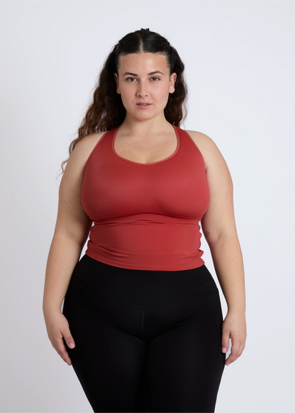 Front view of a supportive tank top for large breasts featuring a high-quality built-in shelf bra